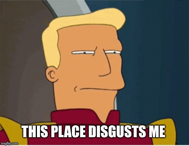 ZAPP BRANNIGAN SQUINT | THIS PLACE DISGUSTS ME | image tagged in zapp brannigan squint | made w/ Imgflip meme maker