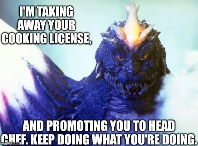 SpaceGodzilla promotes you to head chef | image tagged in spacegodzilla promotes you to head chef | made w/ Imgflip meme maker