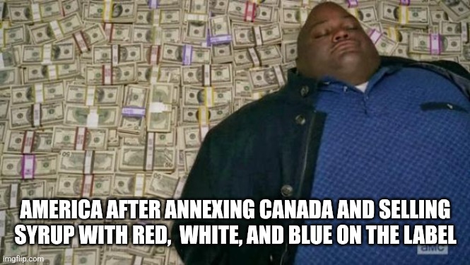 huell money | AMERICA AFTER ANNEXING CANADA AND SELLING SYRUP WITH RED,  WHITE, AND BLUE ON THE LABEL | image tagged in huell money,funny memes | made w/ Imgflip meme maker