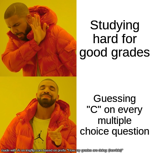 take that PSSA | Studying hard for good grades; Guessing "C" on every multiple choice question | image tagged in memes,drake hotline bling | made w/ Imgflip meme maker