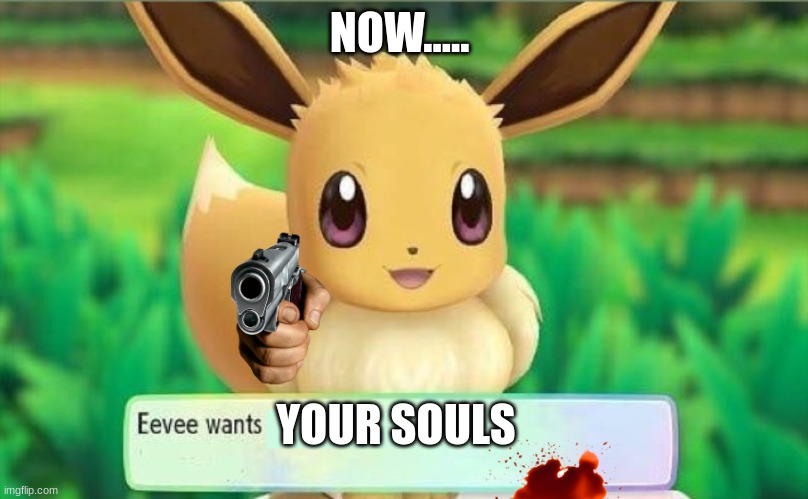 Eevee | NOW..... YOUR SOULS | image tagged in eevee | made w/ Imgflip meme maker