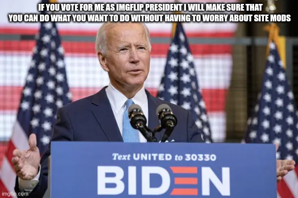 joe biden | IF YOU VOTE FOR ME AS IMGFLIP PRESIDENT I WILL MAKE SURE THAT YOU CAN DO WHAT YOU WANT TO DO WITHOUT HAVING TO WORRY ABOUT SITE MODS | image tagged in joe biden | made w/ Imgflip meme maker