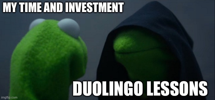 I’m ready to invest my time for Duolingo in the summer. | MY TIME AND INVESTMENT; DUOLINGO LESSONS | image tagged in memes,evil kermit,duolingo | made w/ Imgflip meme maker