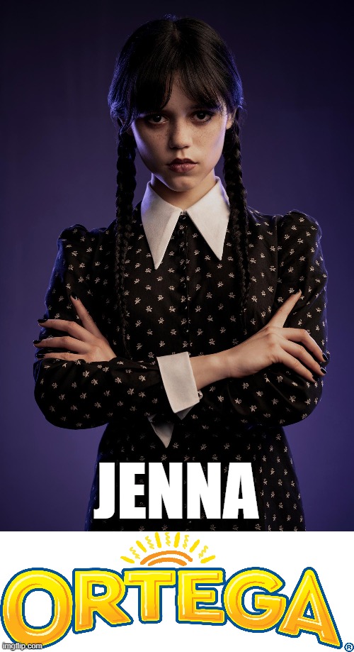 People with brand names 2 | JENNA | image tagged in wednesday,wednesday addams,jenna ortega,logo,ortega | made w/ Imgflip meme maker