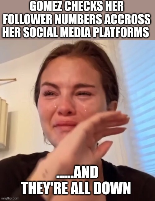 Sorry chica | GOMEZ CHECKS HER FOLLOWER NUMBERS ACCROSS HER SOCIAL MEDIA PLATFORMS; ......AND THEY'RE ALL DOWN | image tagged in selena gomez cry | made w/ Imgflip meme maker