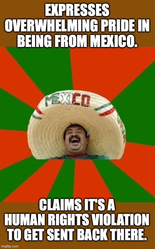 Funny how that logic works. | EXPRESSES OVERWHELMING PRIDE IN BEING FROM MEXICO. CLAIMS IT'S A HUMAN RIGHTS VIOLATION TO GET SENT BACK THERE. | image tagged in 2025,mexico,illegal aliens | made w/ Imgflip meme maker