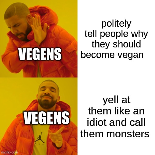 this happened to me yesterday at a mcdonalds | politely tell people why they should become vegan; VEGENS; yell at them like an idiot and call them monsters; VEGENS | image tagged in memes,drake hotline bling | made w/ Imgflip meme maker