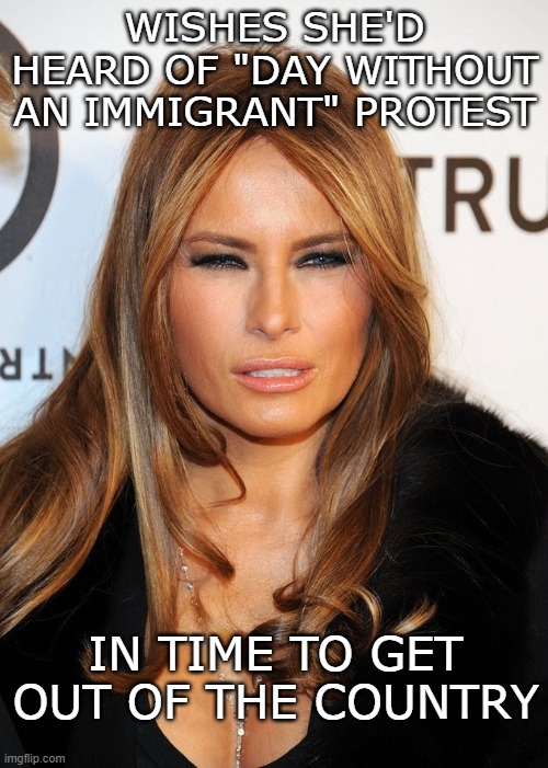 The USA would be a sadder, poorer place without its immigrants | WISHES SHE'D HEARD OF "DAY WITHOUT AN IMMIGRANT" PROTEST; IN TIME TO GET OUT OF THE COUNTRY | image tagged in melania blue steel,immigrants,protest | made w/ Imgflip meme maker