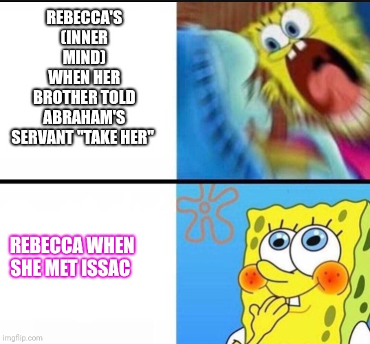 Genesis | REBECCA'S (INNER MIND) WHEN HER BROTHER TOLD ABRAHAM'S SERVANT "TAKE HER"; REBECCA WHEN SHE MET ISSAC | image tagged in spongebob yelling | made w/ Imgflip meme maker