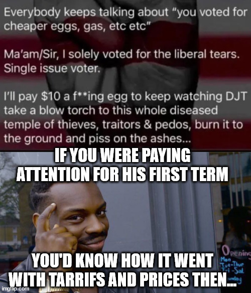 IF YOU WERE PAYING ATTENTION FOR HIS FIRST TERM YOU'D KNOW HOW IT WENT WITH TARRIFS AND PRICES THEN... | image tagged in memes,roll safe think about it | made w/ Imgflip meme maker