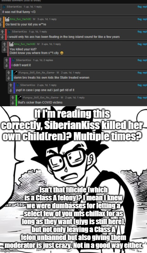 If I'm reading this correctly, SiberianKiss killed her own child(ren)? Multiple times? Isn't that filicide (which is a Class A felony)? I mean I knew we were dumbasses for letting a select few of you mfs chillax for as long as they want (gjyg is still here), but not only leaving a Class A felon unbanned but also giving them moderator is just crazy. Not in a good way either. | made w/ Imgflip meme maker