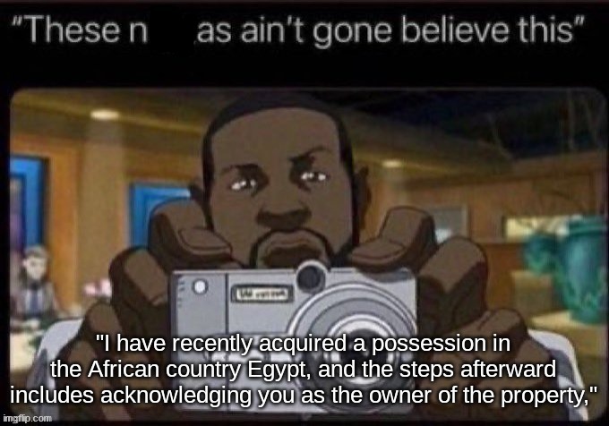 ain't gone believe this | "I have recently acquired a possession in the African country Egypt, and the steps afterward includes acknowledging you as the owner of the property," | image tagged in ain't gone believe this | made w/ Imgflip meme maker