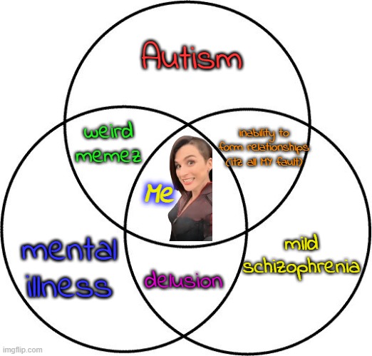 Venn diagram | Autism; weird memez; inability to form relationships (itz all MY fault); Me; mild schizophrenia; mental illness; delusion | image tagged in venn diagram | made w/ Imgflip meme maker