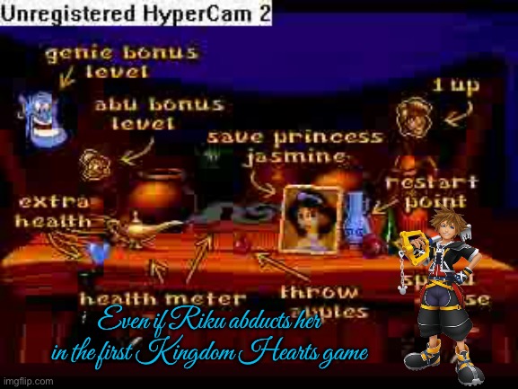 Save Princess Jasmine (Kingdom Hearts) | Even if Riku abducts her in the first Kingdom Hearts game | image tagged in disney,disney princess,kingdom hearts,princess,aladdin,manga | made w/ Imgflip meme maker