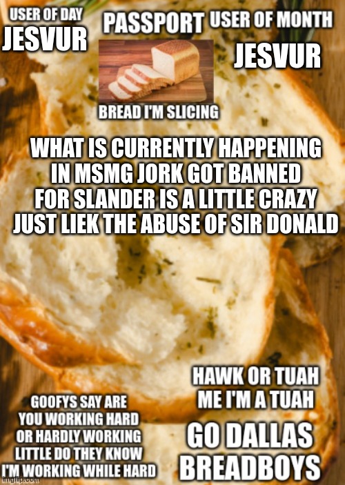 hawk bread ancoment | JESVUR; JESVUR; WHAT IS CURRENTLY HAPPENING IN MSMG JORK GOT BANNED FOR SLANDER IS A LITTLE CRAZY JUST LIEK THE ABUSE OF SIR DONALD | image tagged in hawk bread ancoment | made w/ Imgflip meme maker