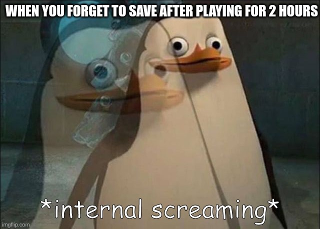 Playing a video game | WHEN YOU FORGET TO SAVE AFTER PLAYING FOR 2 HOURS | image tagged in private internal screaming | made w/ Imgflip meme maker