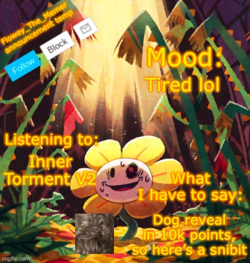 You know know the color of my dog’s fur | Tired lol; Inner Torment V2; Dog reveal in 10k points, so here’s a snibit | image tagged in flowey_the_memer announcement template | made w/ Imgflip meme maker