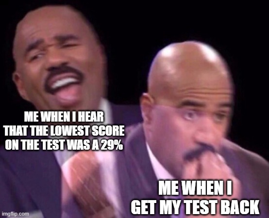 Steve Harvey Laughing Serious | ME WHEN I HEAR THAT THE LOWEST SCORE ON THE TEST WAS A 29% ME WHEN I GET MY TEST BACK | image tagged in steve harvey laughing serious | made w/ Imgflip meme maker