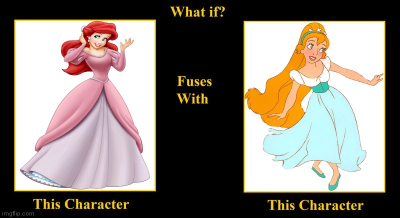 What if Ariel Fuses With Thumbelina | image tagged in blank fusion meme,ariel,the little mermaid,thumbelina,disney princess,same voice actor | made w/ Imgflip meme maker