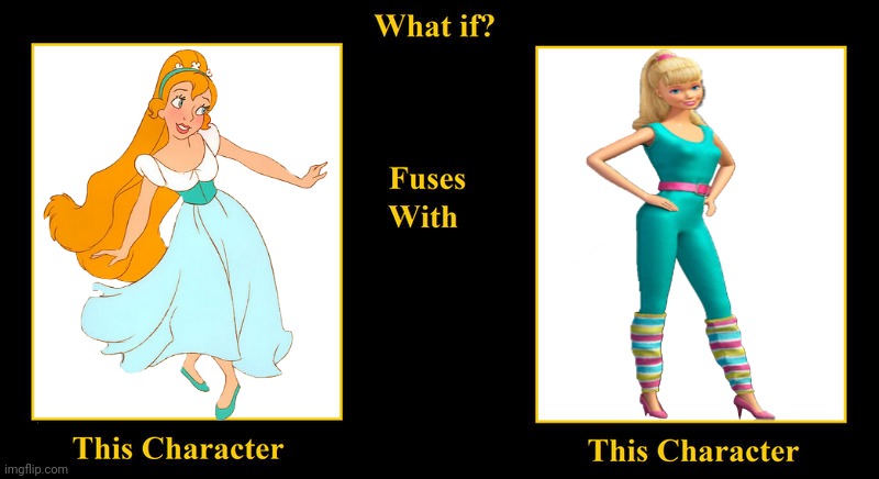 What if Thumbelina Fuses With Barbie | image tagged in blank fusion meme,thumbelina,barbie,toy story,same voice actor,jodi benson | made w/ Imgflip meme maker