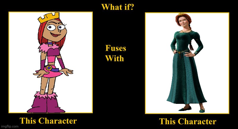 Princess Candy Fuses With Princess Fiona | image tagged in blank fusion meme,shrek,dave the barbarian,princess candy,princess fiona,redhead | made w/ Imgflip meme maker