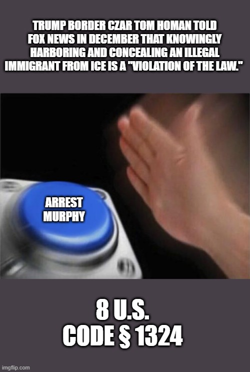 Enforce the laws Hollman ,he already confessed. | TRUMP BORDER CZAR TOM HOMAN TOLD FOX NEWS IN DECEMBER THAT KNOWINGLY HARBORING AND CONCEALING AN ILLEGAL IMMIGRANT FROM ICE IS A "VIOLATION OF THE LAW."; ARREST MURPHY; 8 U.S. CODE § 1324 | image tagged in memes,blank nut button | made w/ Imgflip meme maker