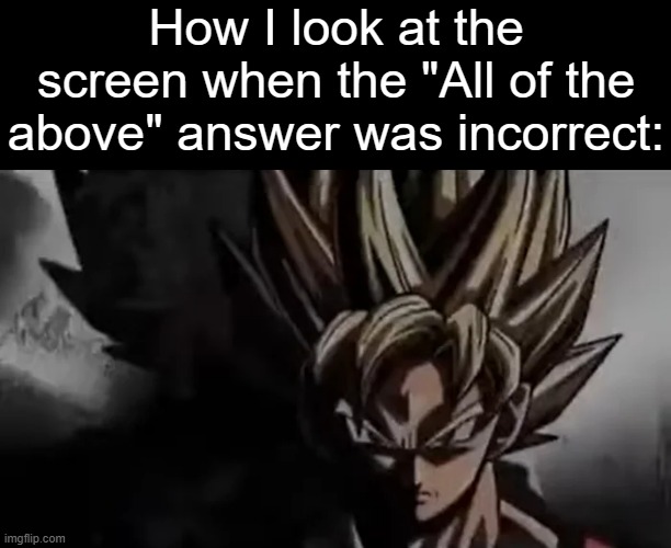 h | How I look at the screen when the "All of the above" answer was incorrect: | image tagged in goku staring | made w/ Imgflip meme maker