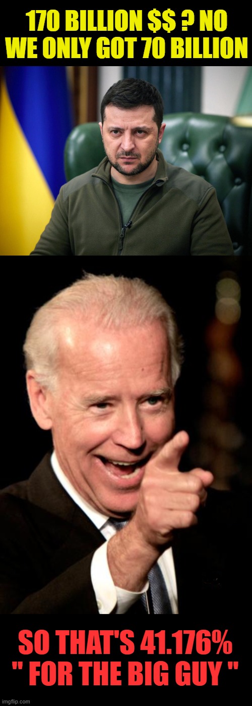 THEFT... make sure you pay your taxes so Biden and Pelosi can have 8 mansions | 170 BILLION $$ ? NO WE ONLY GOT 70 BILLION; SO THAT'S 41.176% " FOR THE BIG GUY " | image tagged in selensky,smilin biden,corruption,theft | made w/ Imgflip meme maker