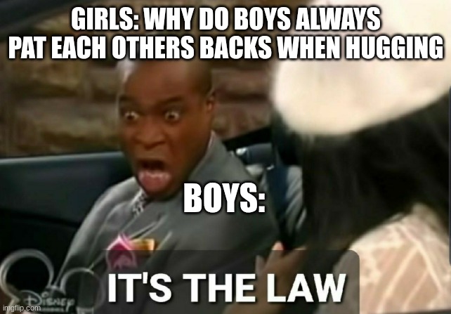 sorry i have not been posting in a while | GIRLS: WHY DO BOYS ALWAYS PAT EACH OTHERS BACKS WHEN HUGGING; BOYS: | image tagged in it's the law | made w/ Imgflip meme maker