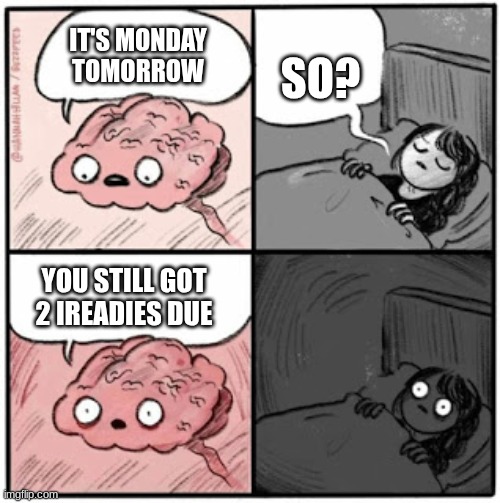 School | SO? IT'S MONDAY TOMORROW; YOU STILL GOT 2 IREADIES DUE | image tagged in brain before sleep | made w/ Imgflip meme maker