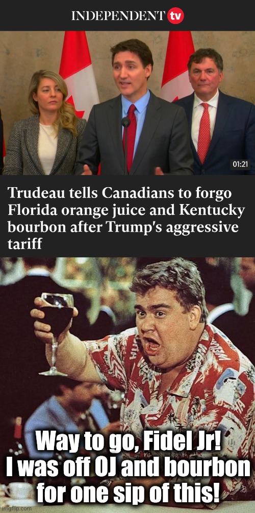 That was quick! | Way to go, Fidel Jr!
I was off OJ and bourbon
for one sip of this! | image tagged in memes,justin trudeau,canada,trade war,democrats,orange juice | made w/ Imgflip meme maker