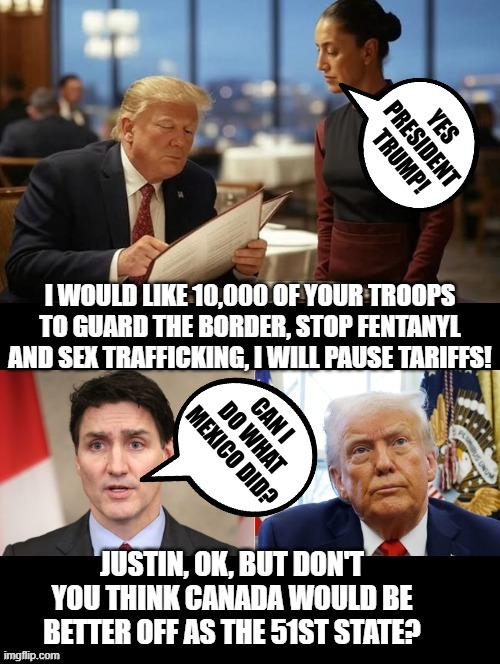 Mexico and Canada back down!!! | CAN I DO WHAT MEXICO DID? JUSTIN, OK, BUT DON'T YOU THINK CANADA WOULD BE BETTER OFF AS THE 51ST STATE? | image tagged in winning,i see this as an absolute win | made w/ Imgflip meme maker