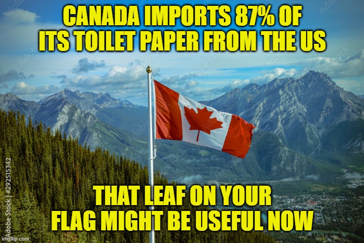 CANADA IMPORTS 87% OF ITS TOILET PAPER FROM THE US THAT LEAF ON YOUR FLAG MIGHT BE USEFUL NOW | made w/ Imgflip meme maker