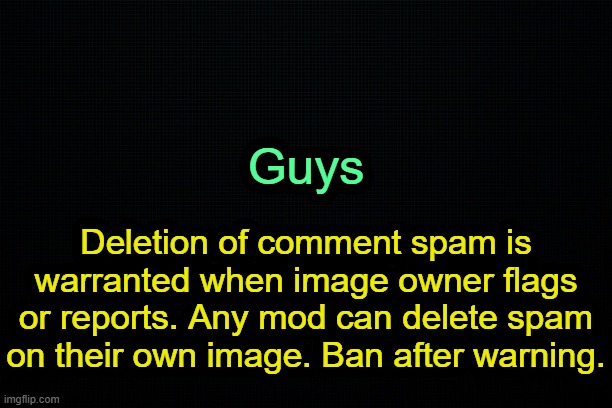 . | Guys; Deletion of comment spam is warranted when image owner flags or reports. Any mod can delete spam on their own image. Ban after warning. | image tagged in the black | made w/ Imgflip meme maker