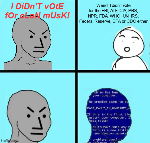 Don't forget to VOTE HARDER™ next time! | I DiDn'T vOtE fOr eLoN mUsK! Weird, I didn't vote for the FBI, ATF, CIA, PBS, NPR, FDA, WHO, UN, IRS, Federal Reserve, EPA or CDC either | image tagged in npc blue screen | made w/ Imgflip meme maker