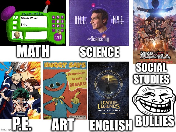 Why not go back to school? We’ve got… | SCIENCE; MATH; SOCIAL STUDIES; BULLIES; P.E. ART; ENGLISH | image tagged in blank white template,school,anime | made w/ Imgflip meme maker