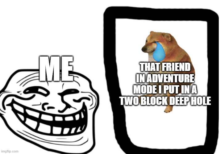 The friend i put in the 2 block deep hole | THAT FRIEND IN ADVENTURE MODE I PUT IN A TWO BLOCK DEEP HOLE; ME | image tagged in trapping/trolling lol,minecraft,adventure mode,2 block deep hole,why u trap me | made w/ Imgflip meme maker