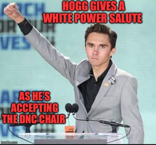 David Hogg White Pride | HOGG GIVES A WHITE POWER SALUTE; AS HE’S ACCEPTING THE DNC CHAIR | image tagged in hogg,kkk,racism | made w/ Imgflip meme maker