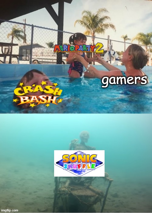 Party games in the year 2000(Y2K) | gamers | image tagged in swimming pool kids,super mario,crash bandicoot,sonic the hedgehog,2000s | made w/ Imgflip meme maker