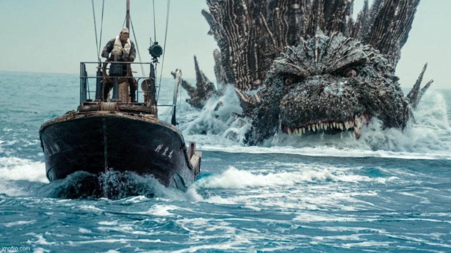 Minus One Godzilla swims towards the small boat | image tagged in minus one godzilla swims towards the small boat | made w/ Imgflip meme maker