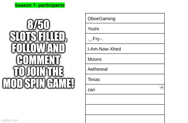 8/50 SLOTS FILLED, FOLLOW AND COMMENT TO JOIN THE MOD SPIN GAME! | made w/ Imgflip meme maker