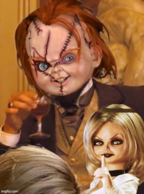 Chucky Django | @CALJFREEMAN1 | image tagged in chucky,horror movie,leonardo dicaprio django laugh,you will leonardo django,django unchained,tiffany | made w/ Imgflip meme maker