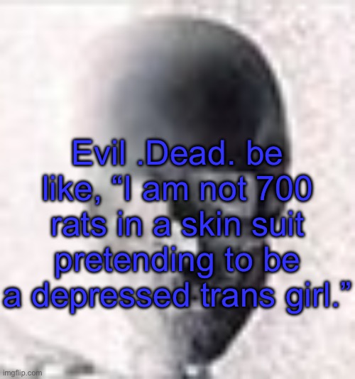 . | Evil .Dead. be like, “I am not 700 rats in a skin suit pretending to be a depressed trans girl.” | image tagged in skull | made w/ Imgflip meme maker