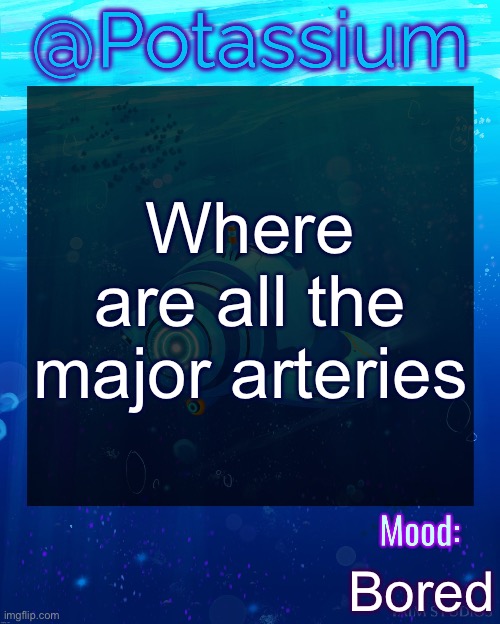 Potassium Subnautica Template | Where are all the major arteries; Bored | image tagged in potassium subnautica template | made w/ Imgflip meme maker