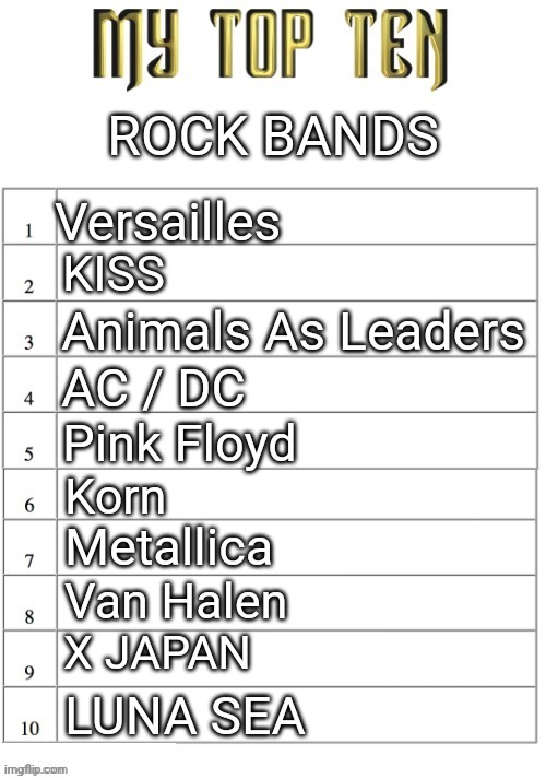 Top ten list better | ROCK BANDS; Versailles; KISS; Animals As Leaders; AC / DC; Pink Floyd; Korn; Metallica; Van Halen; X JAPAN; LUNA SEA | image tagged in top ten list better | made w/ Imgflip meme maker