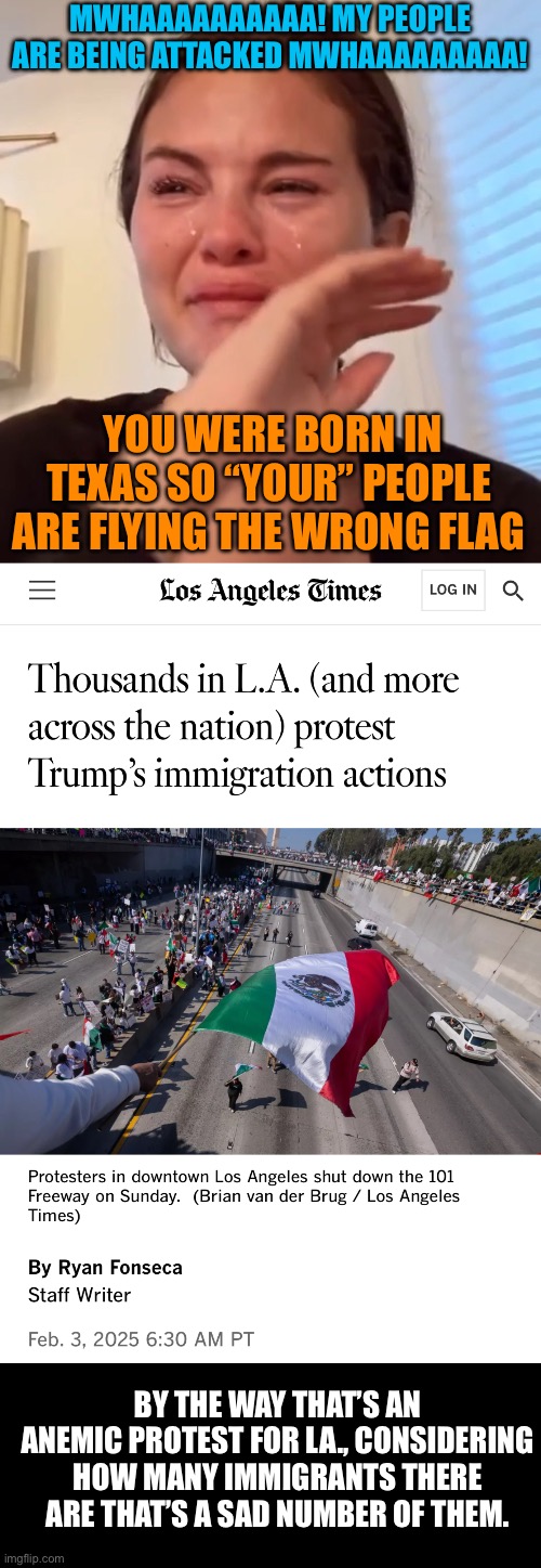 MWHAAAAAAAAAA! MY PEOPLE ARE BEING ATTACKED MWHAAAAAAAAA! YOU WERE BORN IN TEXAS SO “YOUR” PEOPLE ARE FLYING THE WRONG FLAG; BY THE WAY THAT’S AN ANEMIC PROTEST FOR LA., CONSIDERING HOW MANY IMMIGRANTS THERE ARE THAT’S A SAD NUMBER OF THEM. | image tagged in selena gomez cry,my people,oh wait wrong flag,lets just burn the american flag and call it a day | made w/ Imgflip meme maker