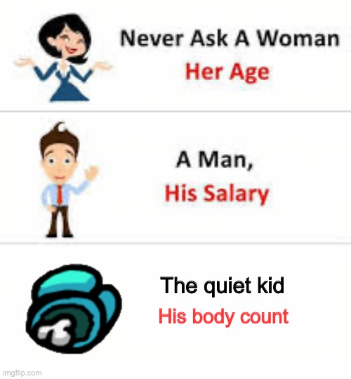 Never ask a woman her age | The quiet kid; His body count | image tagged in never ask a woman her age | made w/ Imgflip meme maker