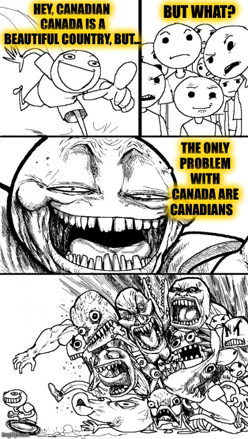 Hey Internet Meme | HEY, CANADIAN 
CANADA IS A BEAUTIFUL COUNTRY, BUT… BUT WHAT? THE ONLY PROBLEM WITH CANADA ARE CANADIANS | image tagged in memes,hey internet | made w/ Imgflip meme maker