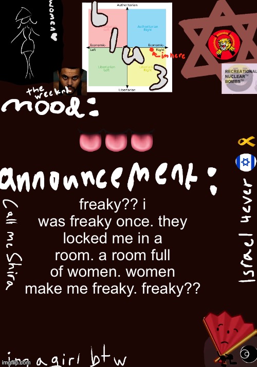 ?????? | 👅👅👅; freaky?? i was freaky once. they locked me in a room. a room full of women. women make me freaky. freaky?? | image tagged in blu3 s shira temp | made w/ Imgflip meme maker