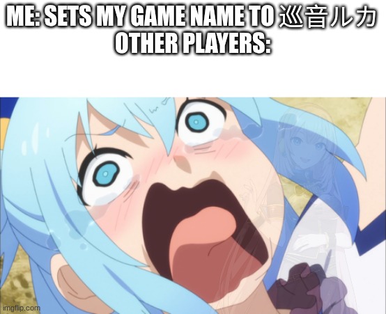 Hehehehehe You'll need Google Translate for this | ME: SETS MY GAME NAME TO 巡音ルカ
OTHER PLAYERS: | image tagged in aqua screaming,gaming,megurine luka,konosuba | made w/ Imgflip meme maker